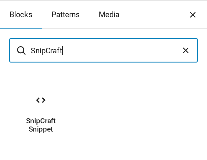 The WordPress block inserter showing the SnipCraft Snippet block