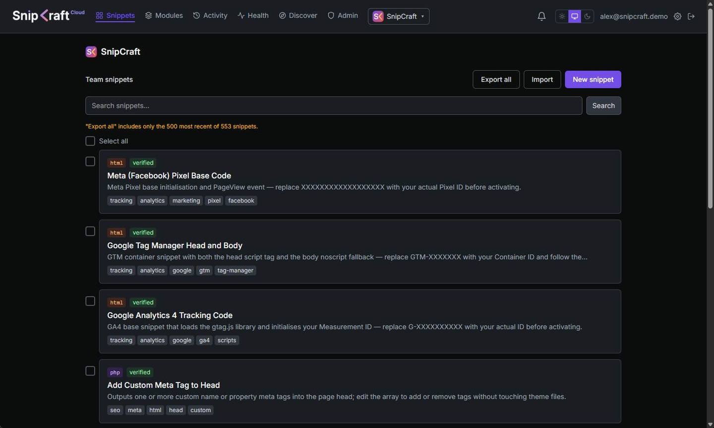 The SnipCraft Cloud dashboard showing a synced snippet library with collections