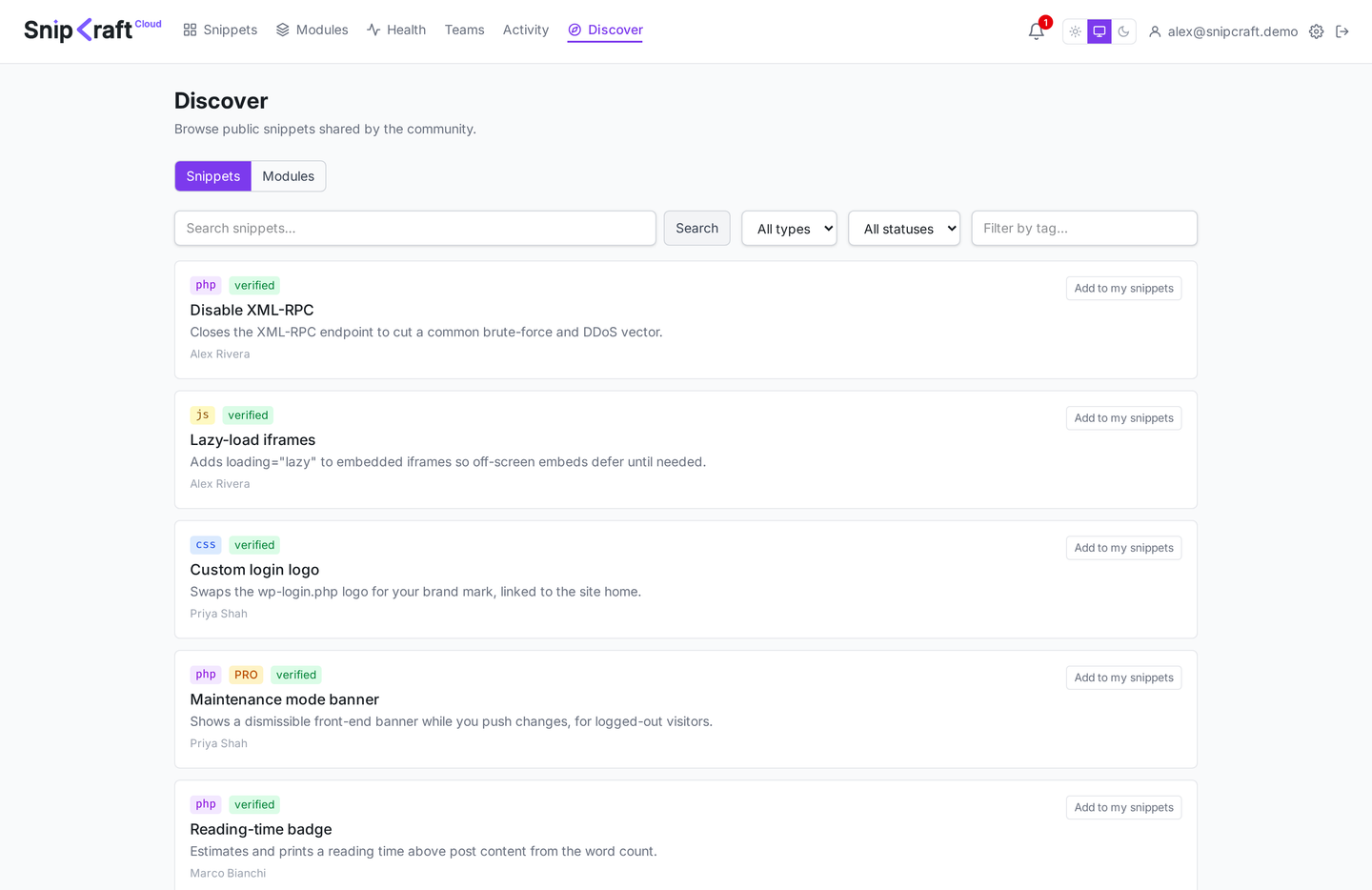 The Discover page showing a grid of public community snippets