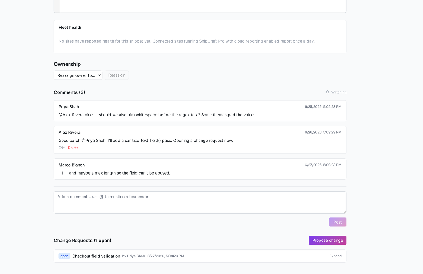 A snippet's comment thread with @mentions and an open change request