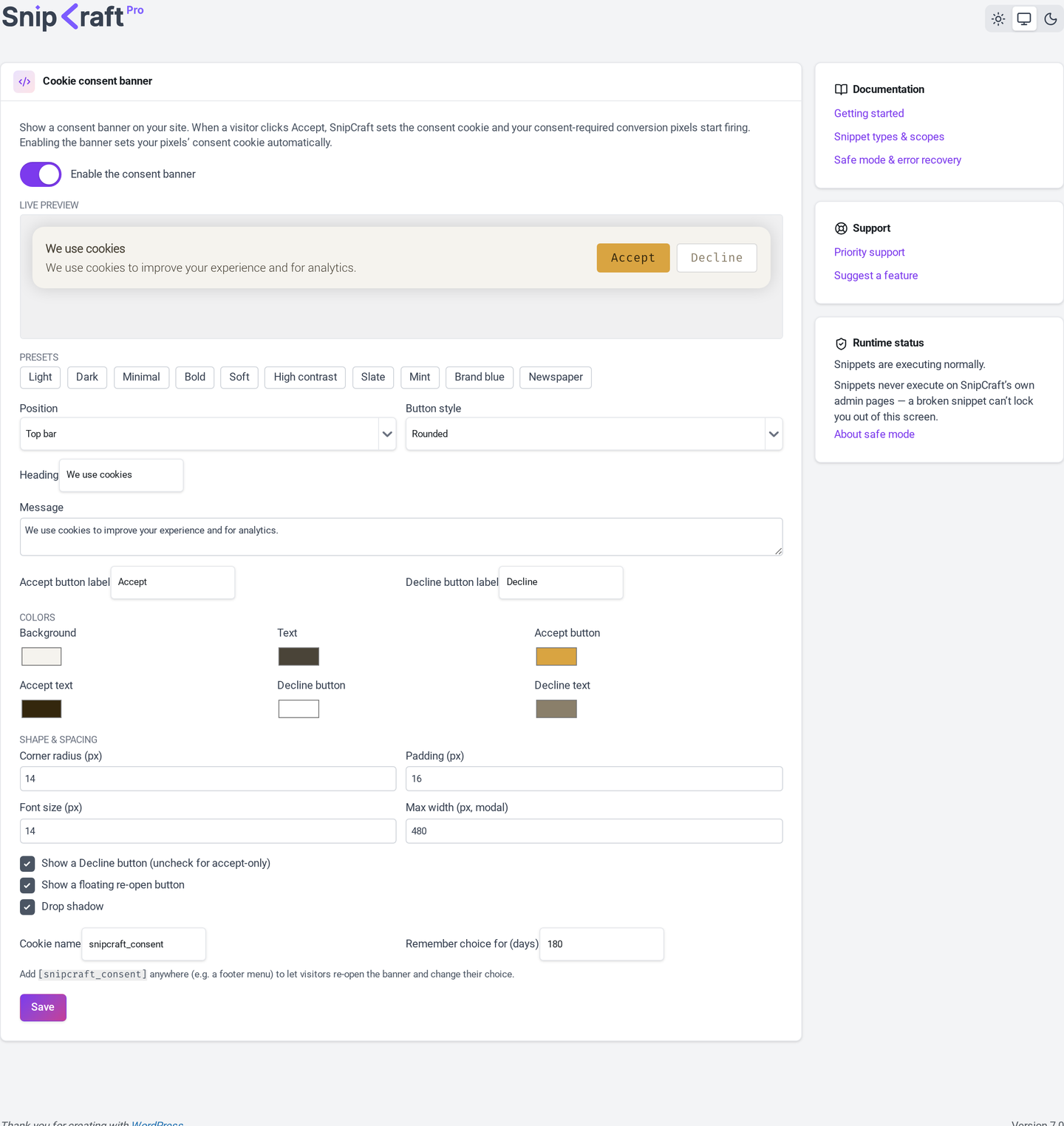 The SnipCraft Pro consent banner settings with a live preview