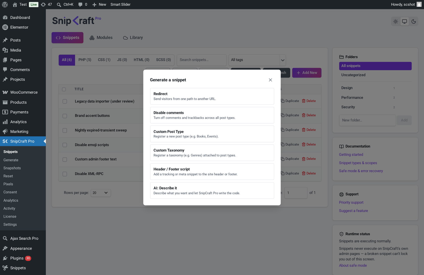 The generator picker modal listing one-click snippet generators