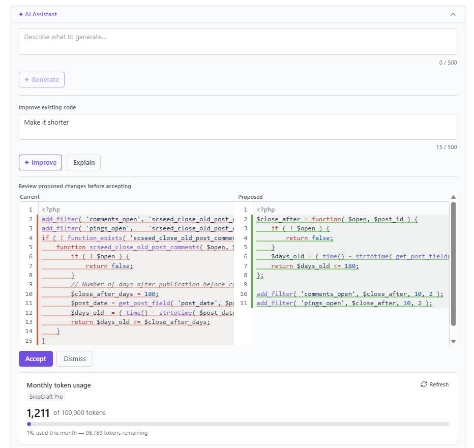 The SnipCraft editor with the AI assistant panel open