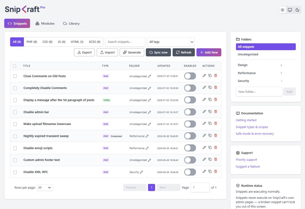 The SnipCraft snippet list in the WordPress admin, showing folders, type filters, and snippets